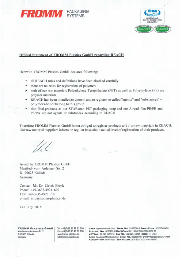 REACH Statement (PET Strapping)