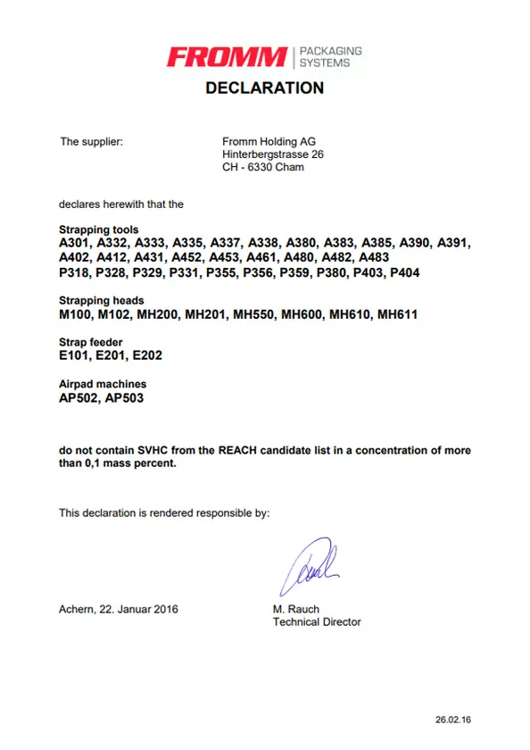 REACH Statement (Tools & Strapping Heads)